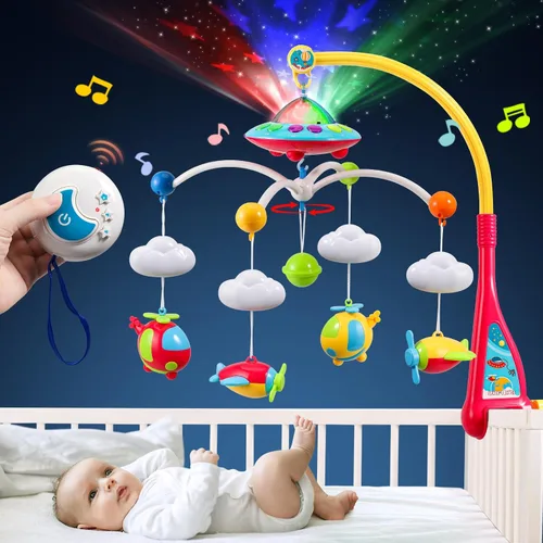Vista 10 de BOBXIN - Móvil para cuna para bebé niña con 150 música y proyector Timing, luz nocturna, sonajero y caja musical para llevar, control remoto, cuna
