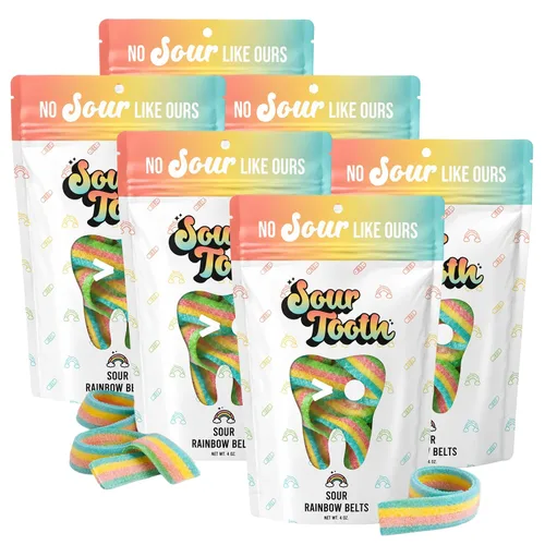Vista 18 de Sour Tooth Cinturones de fresa, tiras de caramelo de gomitas ácidas masticables, paquete de 6, 4 onzas Soft & Chewy Strips, Sour Candy Bulk, Bulk