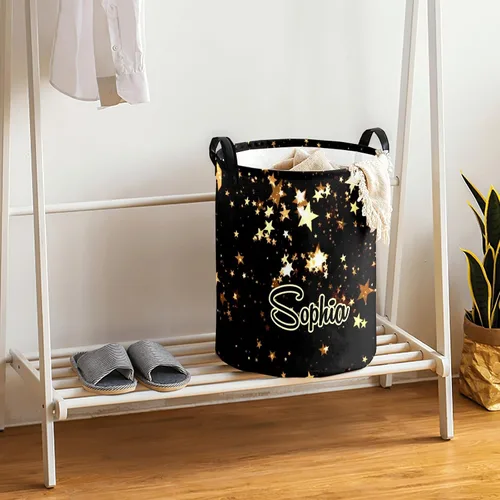 Vista 4 de Cesta de lavandería personalizada con estrella dorada con nombre y texto, impermeable, para dormitorio, sala de estar, cesta de almacenamiento