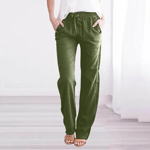Vista 2 de Casual Pants for Women Summer Solid Color Drawstring Elastic Waist Pants Baggy Straight Leg Long Trouser with Pocket