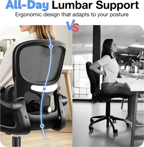 Vista 5 de ALLGOD Silla de oficina ergonómica, silla de escritorio ergonómica de malla transpirable con soporte lumbar ajustable, reposabrazos abatibles