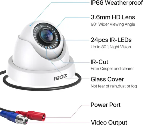 Vista 2 de ZOSI Paquete de 2 cámaras de seguridad HD 1080P de 2.0 MP, visión nocturna de 80 pies, cámaras domo CCTV para interiores y exteriores, para sistema