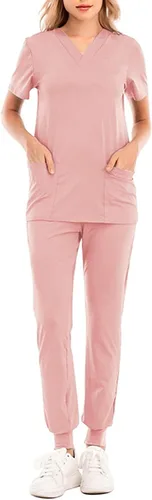 Vista 4 de Conjunto de uniforme médico para mujer, elástico en 4 direcciones, bolsillos ligeros, cuello en V, conjunto de uniforme médico con cordón elástico