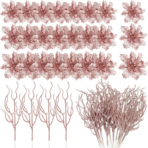 Vista 7 de Yinder Juego de 48 flores de Pascua artificiales con purpurina para el día de San Valentín con ramitas, decoración de árbol de Navidad, para corona