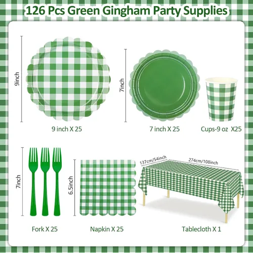 Vista 2 de Suministros de fiesta de cuadros verdes, incluyen platos de papel festoneado desechables de 9 y 7 pulgadas, servilletas, vasos, tenedores, manteles