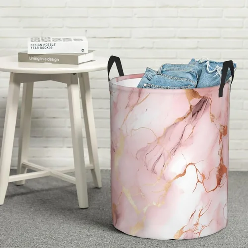 Vista 8 de Cesta de lavandería grande con estampado de mármol de oro rosa, cesta de lavandería impermeable, bolsa de lavandería con asas, papelera de lavado