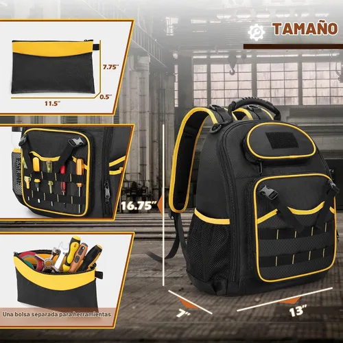 Vista 6 de Mochila de herramientas Marscamd con bolsa de herramientas, bolsa de herramientas resistente con múltiples bolsillos, negra