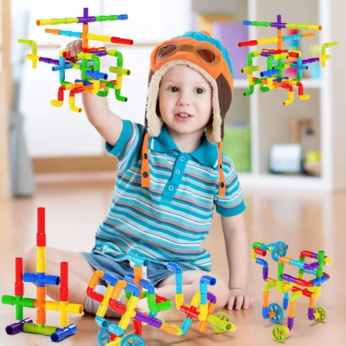 Vista 4 de burgkidz STEM - Bloques de construcción de tubo de aprendizaje para tubo, juguetes sensoriales con ruedas, placa base para todas las edades, niños