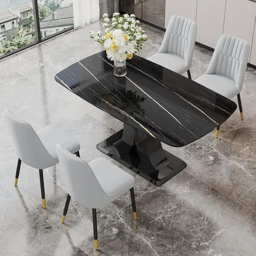 Vista 19 de Moderno juego de mesa de comedor para 4, mesa de vidrio de 63 pulgadas y base de MDF, mesa de comedor de mármol sintético negro con 4 sillas Mesa