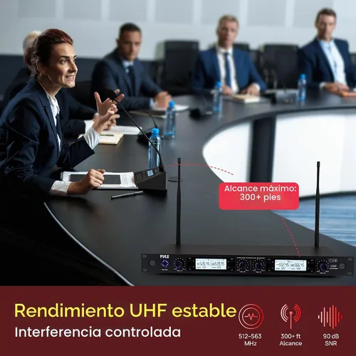 Vista 2 de Pyle Sistema de micrófono inalámbrico UHF de 4 canales con 4 micrófonos de cuello de cisne, rango de 300 pies, frecuencias seleccionables y receptor