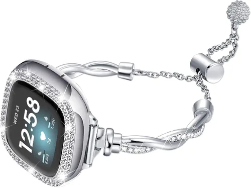 Vista 14 de Correa de reloj brillante compatible con Fitbit Versa 3/Fitbit Sense para mujer, correa ajustable de aleación de cristal con diamantes de imitación