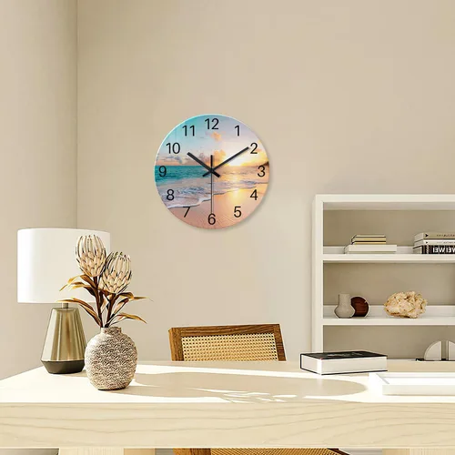 Vista 4 de Reloj de pared de playa con pilas, reloj de pared de vidrio de 12 pulgadas, analógico, sin tictac, relojes de pared azules para dormitorio, sala
