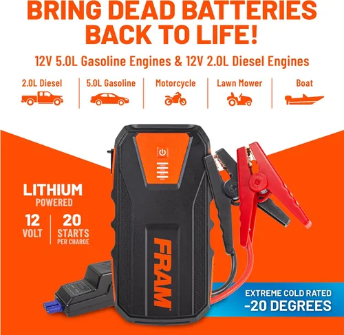 Vista 2 de FRAM FEK40008 - Arrancador de batería de coche 12000mAh (44.4Wh) hasta 5.0L de gasolina y motores diésel de 2.0L, refuerzo de emergencia
