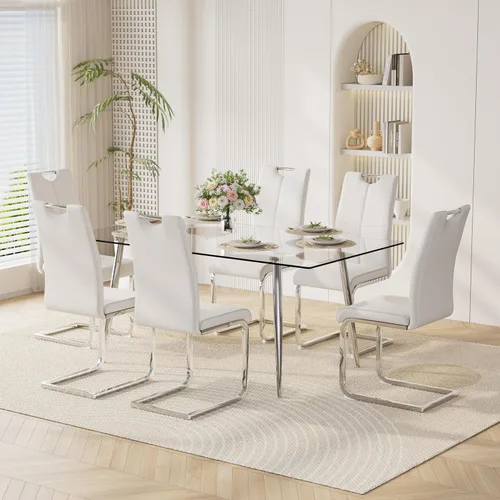 Vista 14 de Juego de mesa de comedor moderno de 51 pulgadas para 4 mesas rectangulares de cristal con 4 sillas tapizadas de cuero, asientos 4 ideales para Beige