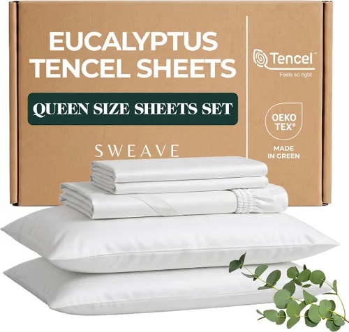 Vista 14 de Sábanas de eucalipto: sábanas refrescantes de Tencel de mezcla Queen con algodón egipcio, tejido de percal ultrasuave y transpirable, juego de ropa