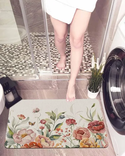 Vista 6 de Tapete de baño con flores retro para bañera, antideslizante, de secado rápido y absorbente, tierra de diatomeas, fregadero de cocina, ducha