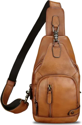 Vista 2 de IVTG Bolso bandolera de cuero genuino para hombres y mujeres, mochila vintage para el pecho, bolso cruzado para viajes y ciclismo, Marrón, Mediana
