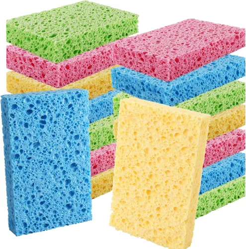 Vista 9 de Esponjas de cocina de celulosa comprimida, paquete de 12 unidades, biodegradables y coloridas, no rayan, para limpiar platos, divertida esponja
