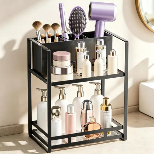 Vista 10 de SanDream Organizador de herramientas para el cabello, encimera de baño, organizador de baño de metal de 2 niveles con soporte para secador, estante