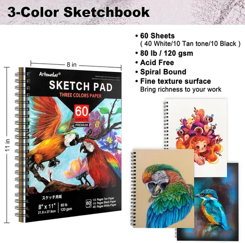 Vista 5 de Artownlar Juego de 72 bocetos de dibujo con cuaderno de bocetos de 8 x 11 Kit de suministros de arte profesional para artistas, adultos