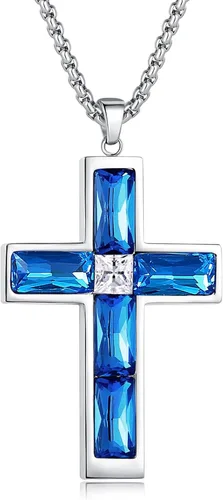 Vista 12 de Collar de cruz para hombre, piedras preciosas de color piedra natal de circonita cúbica, collar de acero inoxidable para hombre, cadena de 24