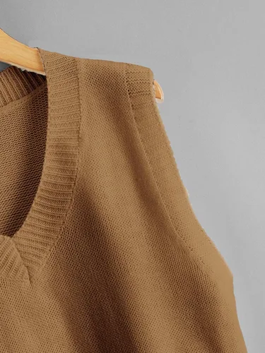 Vista 3 de Romwe Suéter de punto para mujer, chaleco corto Y2K, suéter sin mangas, cuello en V, uniforme jk, suéter de punto