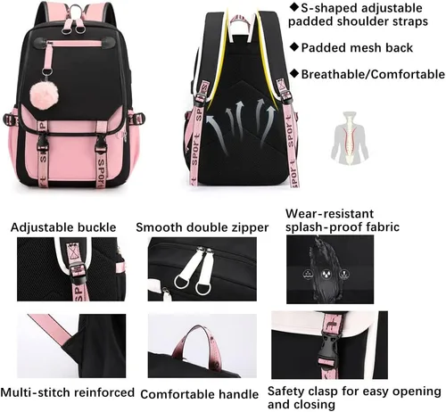Vista 6 de Mochila para niñas y niños mochila escolar para estudiantes de escuela primaria secundaria mochila de viaje para niños Negro Rosa Mochilas Daypack