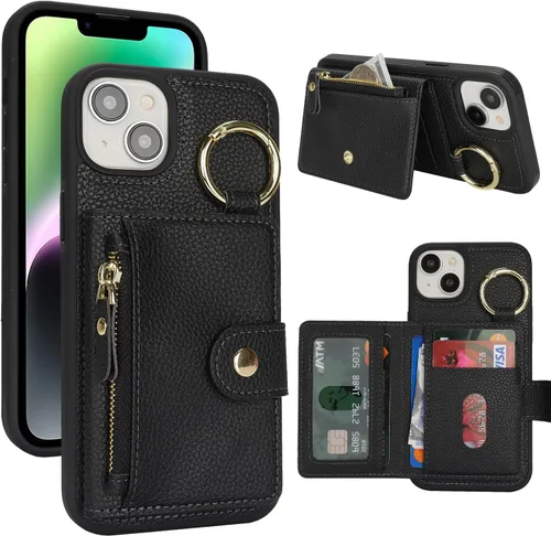 Vista 25 de Funda para iPhone 14 Plus con tarjetero, color negro Funda con cremallera y ranura para mujer y hombre