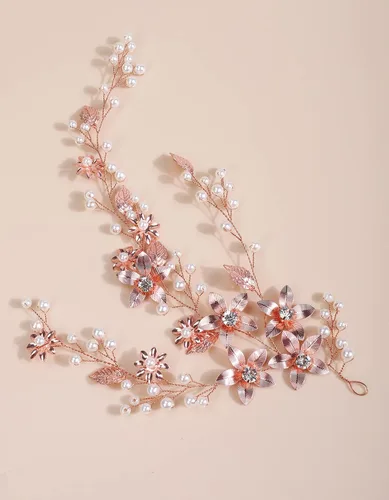 Vista 4 de Xerling Brides Wedding Hair Vines Rose Gold Leaf Hair Pieces Flower Hair Accessories for Girls Bridal Crystal Headband Pearls (oro rosa)