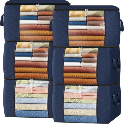 Vista 15 de Fab totes Paquete de 3 bolsas de almacenamiento plegables de tela gruesa, contenedores para organizar dormitorio, armario, ropa, edredón, Beige