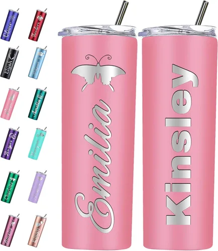 Vista 11 de Vaso personalizado personalizado con nombre grabado y logotipo, vasos delgados personalizados con tapa y pajita, vaso aislado de acero inoxidable