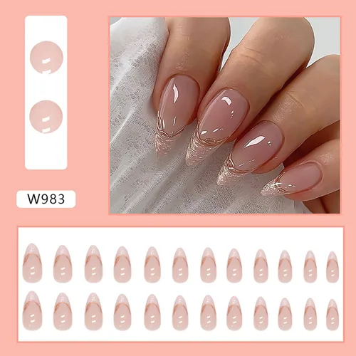 Vista 4 de Uñas postizas a presión con punta de almendra mediana, uñas postizas artificiales con diseño de líneas doradas, cobertura completa, reutilizables