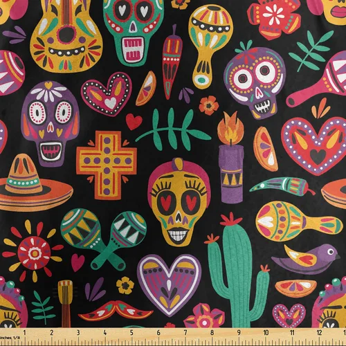 Vista 118 de Ambesonne The Yard, tela de calavera colorida con temática de Halloween, diseño de calavera y huesos cruzados, divertido estampado de dibujos