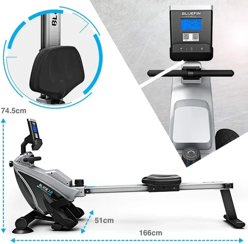 Vista 3 de Bluefin Fitness Hoja de máquina de remo plegable para gimnasio en casa Remo de resistencia magnética 8 niveles de tensión Unidad de correa
