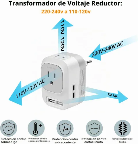 Vista 3 de Convertidor de voltaje de 220 V a 110 V de EE. UU. a Europa con 2 USB A 2 USB C de carga rápida, convertidor de corriente para viajes europeos