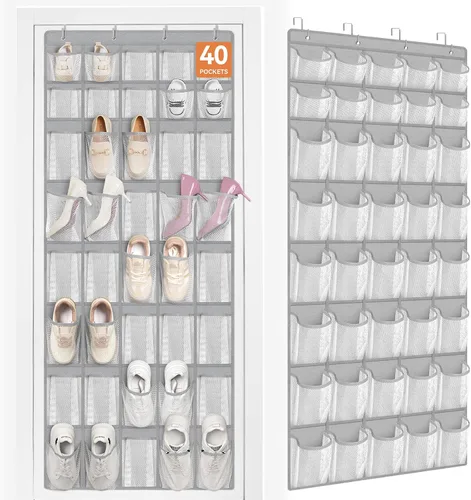 Vista 14 de FENTEC Organizador de zapatos para colgar sobre la puerta, 24 bolsillos, organizador de zapatos colgante para closet, de malla de bolsillo grande