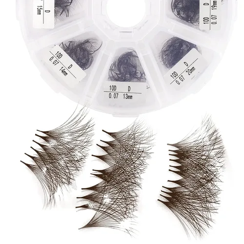 Vista 11 de Extensiones de pestañas de 1200 fans, prefabricadas, con volumen, 9-20mm, bandeja mixta, 20D, con punta en C, base puntiaguda, extensiones