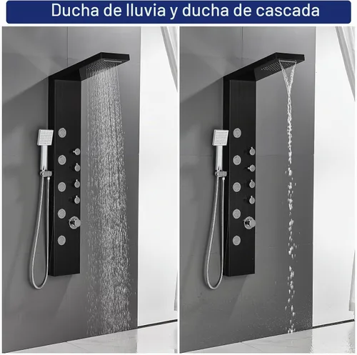 Vista 8 de ROVATE Sistema de panel de ducha tipo cascada, torre de ducha de acero inoxidable 304 con 5 chorros de masaje de cuerpo de lluvia y 3