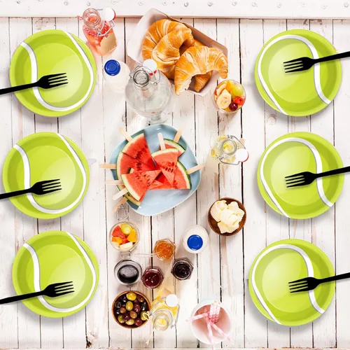 Vista 4 de Wiooffen Juego de 24 platos de papel para fiestas de tenis, juego de vajilla desechable, platos de postre para fiestas de tenis, deportes
