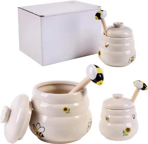 Vista 7 de Tarro de Miel Cerámico con Cuchara de Miel de Madera - Tarro de Miel con Cuchara - Tarro de Miel con Soporte, Gran Decoración de Abeja - Decoración