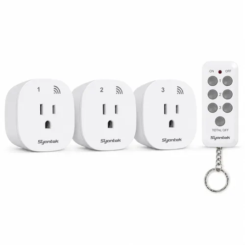 Vista 3 de Syantek Interruptor de luz inalámbrico con control remoto para electrodomésticos, interruptor de salida remoto de largo alcance de 200 pies, mini