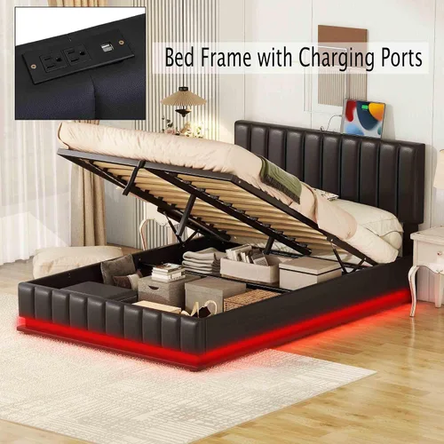 Vista 4 de Marco de cama de almacenamiento elevado con luz LED, enchufes, puertos USB, moderna plataforma tapizada completa con sistema de almacenamiento