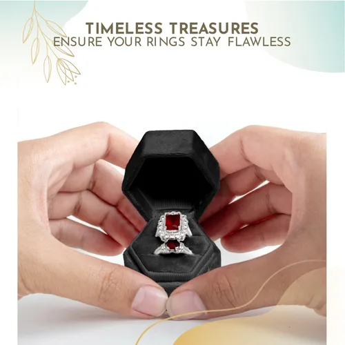 Vista 6 de Caja de terciopelo para anillos, color negro, con 2 ranuras, exquisita caja para anillos de boda, preciosa caja hexagonal para anillos de boda