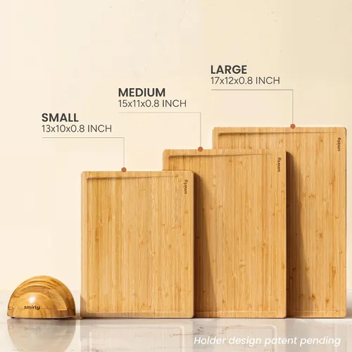 Vista 2 de SMIRLY Juego de tablas de cortar de bambú de 3 piezas con soporte para cocina