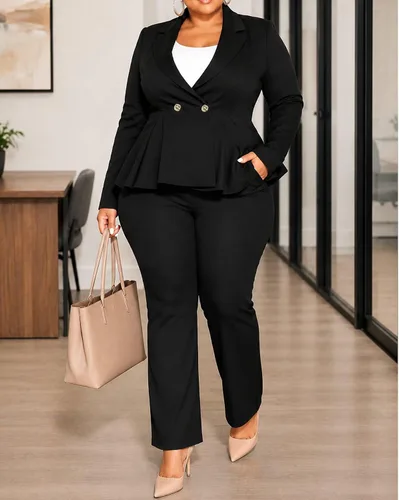 Vista 9 de CXXQ Pantalones tipo blazer peplum de 2 piezas para mujer, talla grande Negro