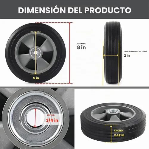 Vista 2 de AR-PRO Paquete de 2 neumáticos y ruedas de goma sólida sin planos de 8 x 2 pulgadas, orificio de orificio de eje de 3/4 pulgadas con cubo