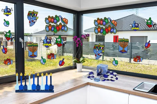 Vista 2 de The Dreidel Company Hanukkah - Adhesivos de gel para ventana, 10 adhesivos de gel elásticos, fáciles de quitar, no tóxicos, sin ensuciar