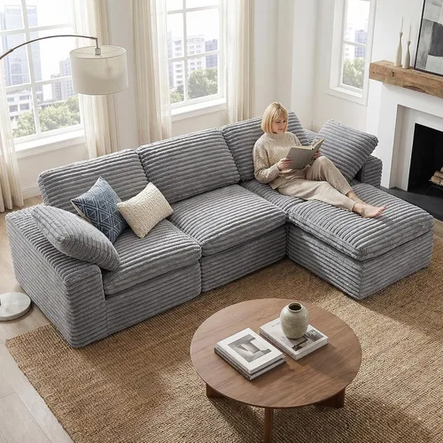 Vista 18 de KKL Sofá modular de 150 pulgadas, sofá modular en forma de U con otomana, sofá de pana sin hueso para sala de estar y dormitorio, sofá modular Negro
