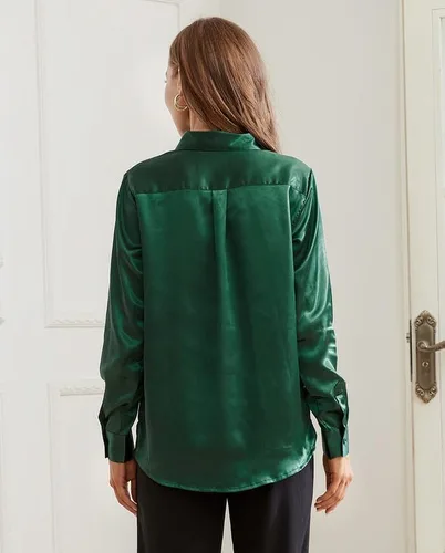 Vista 4 de Damipow Camisas de satén con botones de seda para mujer, camisas de vestir de manga larga, camisas para mujer