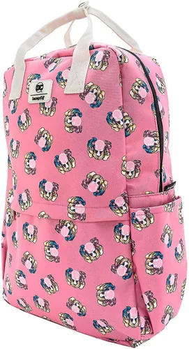 Vista 4 de Loungefly x DC Comics Harley Quinn Bubble Gum Mochila cuadrada de nailon con estampado de aleación, Rosa Multi, Computadora portátil
